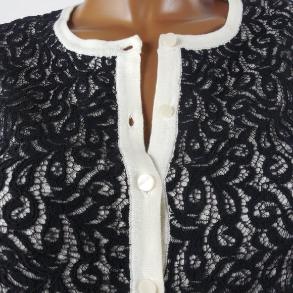 ANN TAYLOR Top M Knit Cardigan Button Down Front Ivory Black Embroidery Lace - Picture 6 of 12